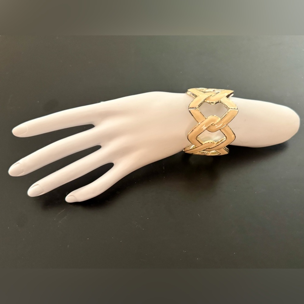 Vintage Enamel Bracelet with Interwoven Design -  Off-White & Silver